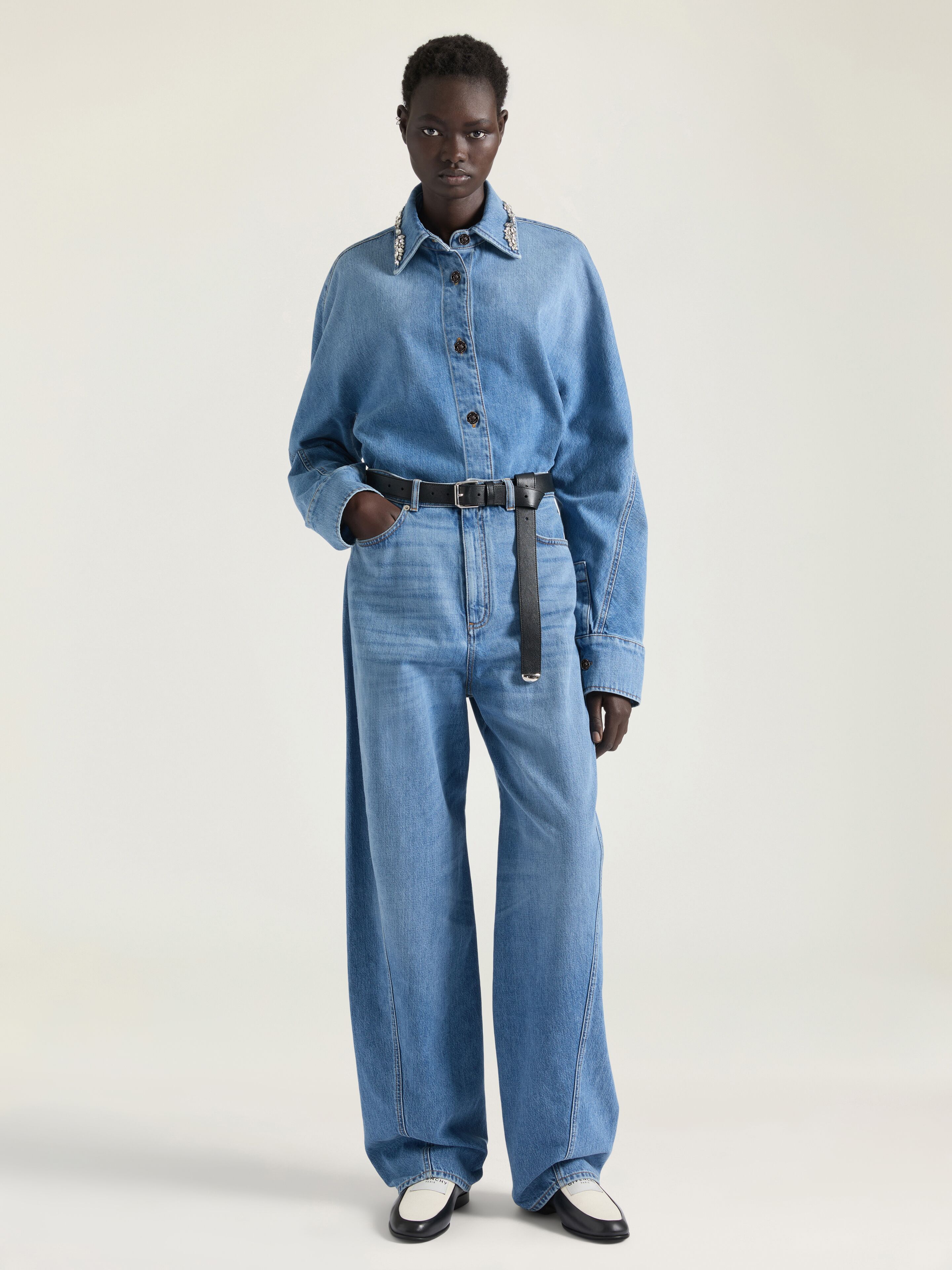 Shirt in washed denim with crystals